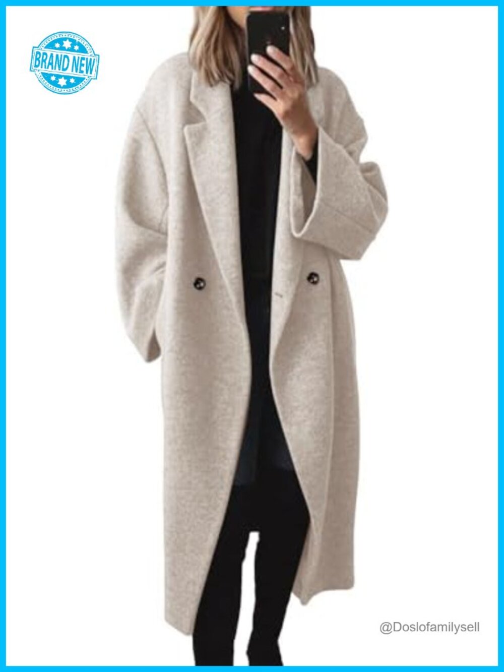 Oversized Double Breasted Wool Blend Pea Coat Notch Lapel Overcoat